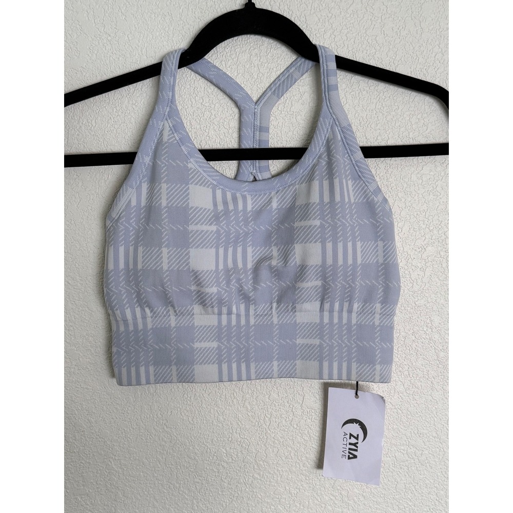 Zyia Active Blue Confidence Longline Bra Plaid Racerback Sports Bra Medium